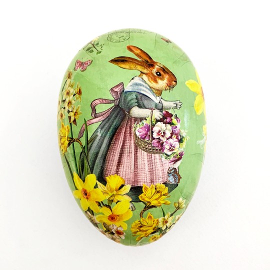 4-1/2" Green Pretty Mrs. Bunny Papier Mache Easter Egg Container ~ Germany